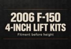 Text reading 2006 F-150, 4-inch lift kits, Fitment before height on a charcoal background.