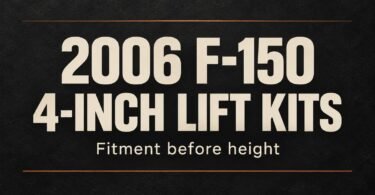 Text reading 2006 F-150, 4-inch lift kits, Fitment before height on a charcoal background.