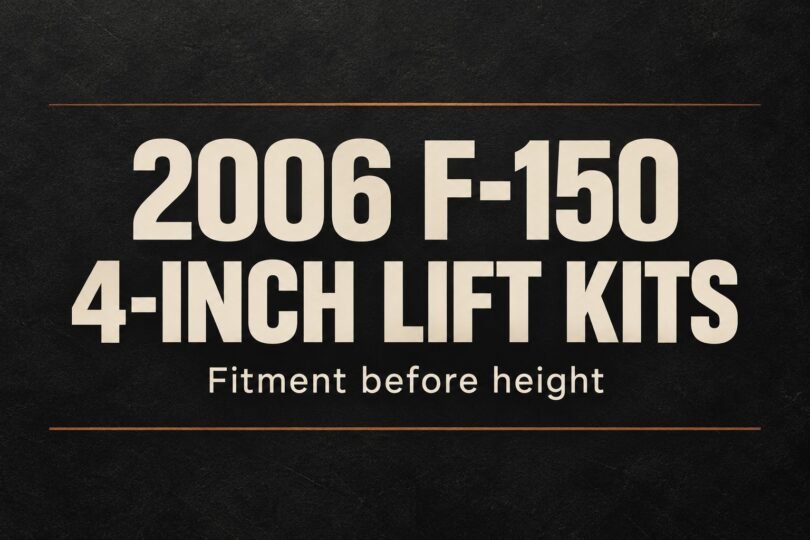 Text reading 2006 F-150, 4-inch lift kits, Fitment before height on a charcoal background.