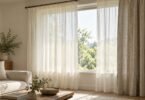 Off-white sheer curtains and a gray-beige woven panel frame a sunlit living room window.