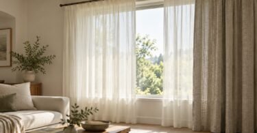 Off-white sheer curtains and a gray-beige woven panel frame a sunlit living room window.