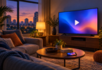 Illustration of a television and smartphone showing play symbols in a living room at dusk