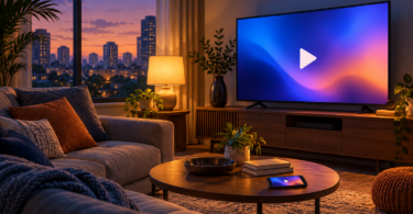 Illustration of a television and smartphone showing play symbols in a living room at dusk