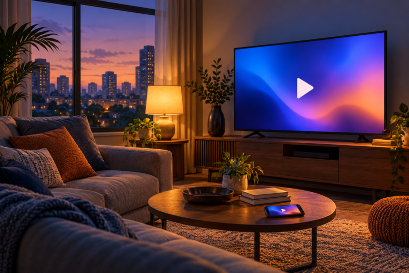 Illustration of a television and smartphone showing play symbols in a living room at dusk