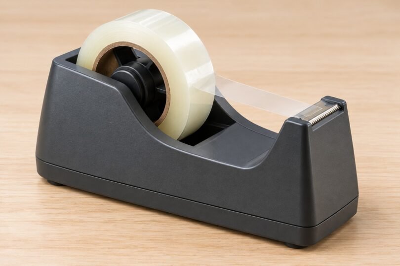 A dark desktop tape dispenser holding clear tape on a pale wood table.
