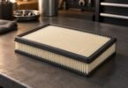 Illustration of a generic pleated engine air filter with a black perimeter seal on a workshop bench