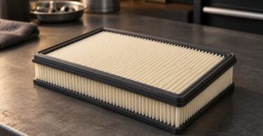 Illustration of a generic pleated engine air filter with a black perimeter seal on a workshop bench