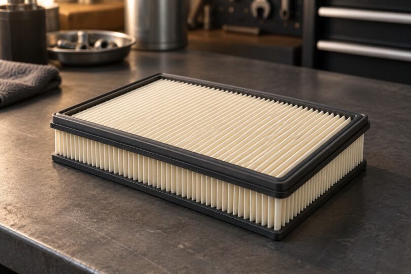 Illustration of a generic pleated engine air filter with a black perimeter seal on a workshop bench