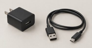 Illustration of an unbranded USB wall adapter and USB-A to micro-USB cable on a neutral surface.