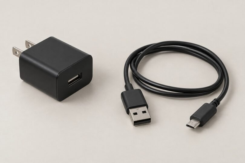 Illustration of an unbranded USB wall adapter and USB-A to micro-USB cable on a neutral surface.