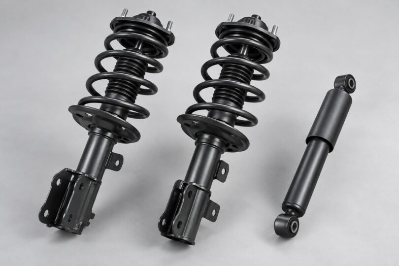 Illustration of generic unbranded suspension strut assemblies and a separate damper.