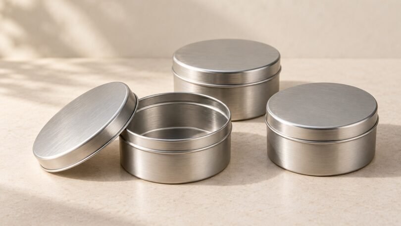 Illustration of three plain silver metal tins, including one open tin with its lid beside it.