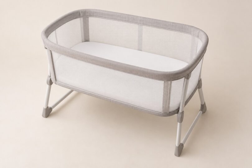 Illustration of an empty mesh-sided bassinet with a flat white sleep pad on a level floor