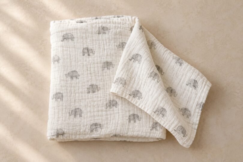 Folded ivory fabric blanket with small gray elephant prints and one corner spread out on a beige surface.