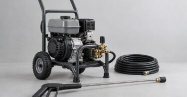 Unbranded wheeled gas pressure washer with a coiled hose and spray wand on a neutral studio floor