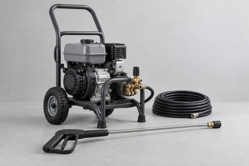 Unbranded wheeled gas pressure washer with a coiled hose and spray wand on a neutral studio floor