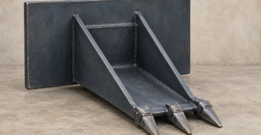 Illustration of an uninstalled generic narrow steel stump-bucket attachment.