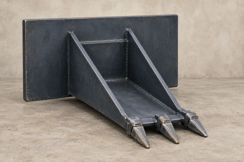 Illustration of an uninstalled generic narrow steel stump-bucket attachment.