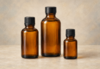 Illustration of three closed, unlabelled amber oil bottles on a neutral surface.