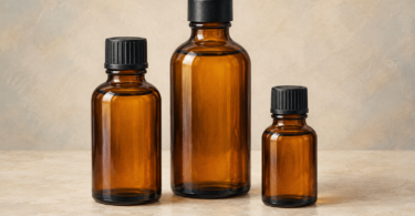 Illustration of three closed, unlabelled amber oil bottles on a neutral surface.