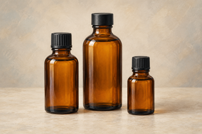 Illustration of three closed, unlabelled amber oil bottles on a neutral surface.