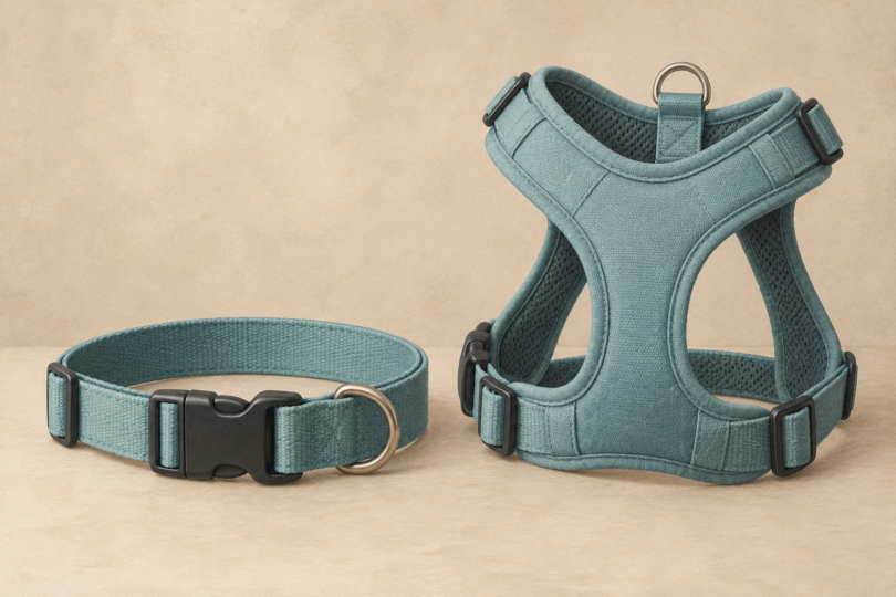 Illustration of an unbranded fabric dog collar and separate harness resting unused without an animal.