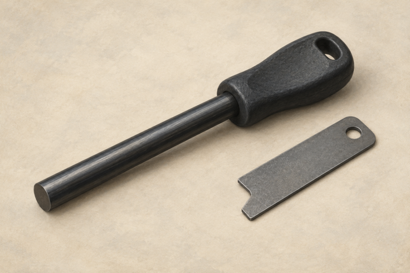 Illustration of an unused generic ferrocerium rod and separate metal striker.