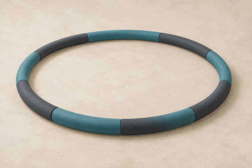 Illustration of a thick segmented exercise hoop lying unused on the floor.