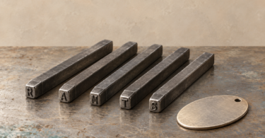 Illustration of unused metal letter punches beside a blank metal tag.