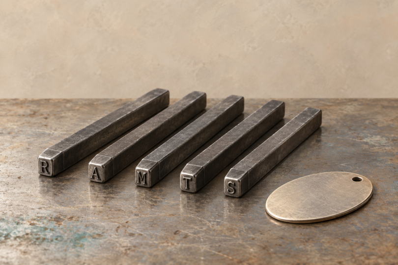 Illustration of unused metal letter punches beside a blank metal tag.