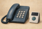 Illustration of a corded desk telephone beside a separate generic call-blocking device.