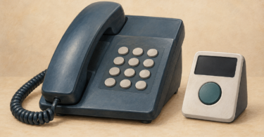 Illustration of a corded desk telephone beside a separate generic call-blocking device.