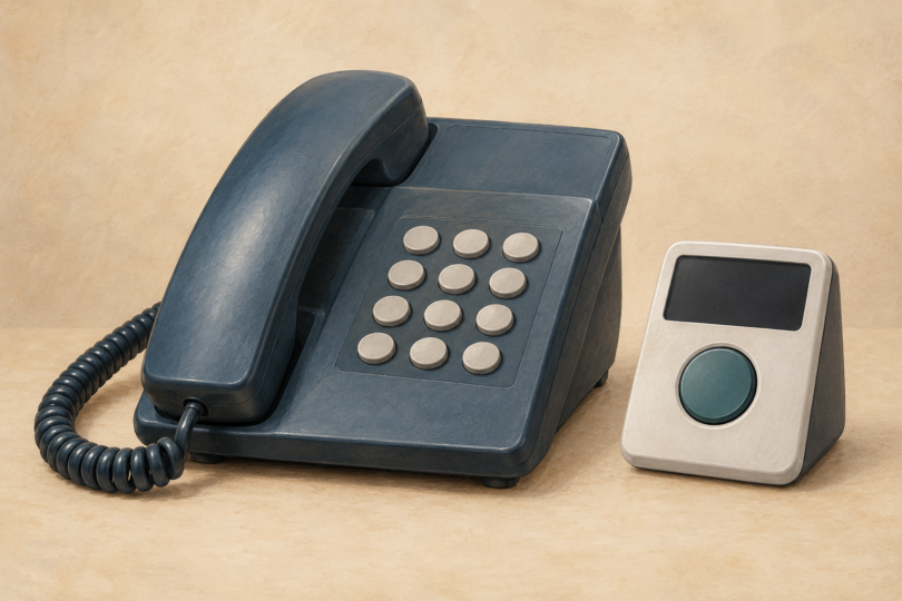 Illustration of a corded desk telephone beside a separate generic call-blocking device.