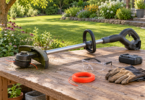An unbranded cordless string trimmer rests on a wooden garden bench beside its detached battery, safety glasses, gloves and orange trimmer line.