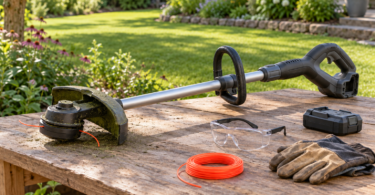 An unbranded cordless string trimmer rests on a wooden garden bench beside its detached battery, safety glasses, gloves and orange trimmer line.