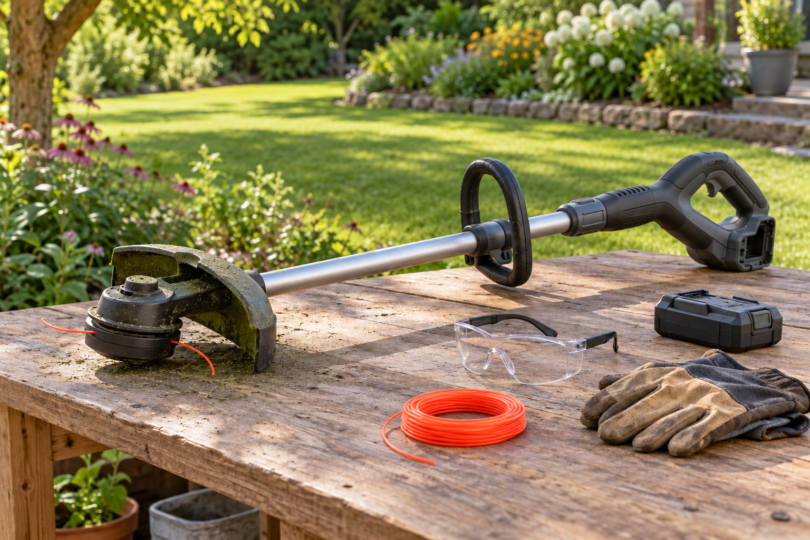 An unbranded cordless string trimmer rests on a wooden garden bench beside its detached battery, safety glasses, gloves and orange trimmer line.