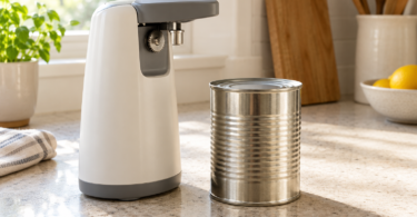 An unbranded countertop electric can opener beside a closed food can in a sunlit kitchen.
