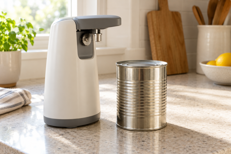 An unbranded countertop electric can opener beside a closed food can in a sunlit kitchen.