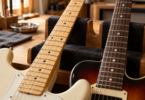 Two electric guitar necks with pale and dark fingerboards resting on padded supports in a workshop.