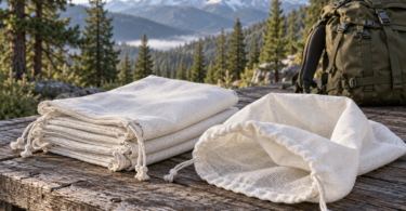 Empty woven drawstring bags on a camp table beside a backpack, with mountains in the background.