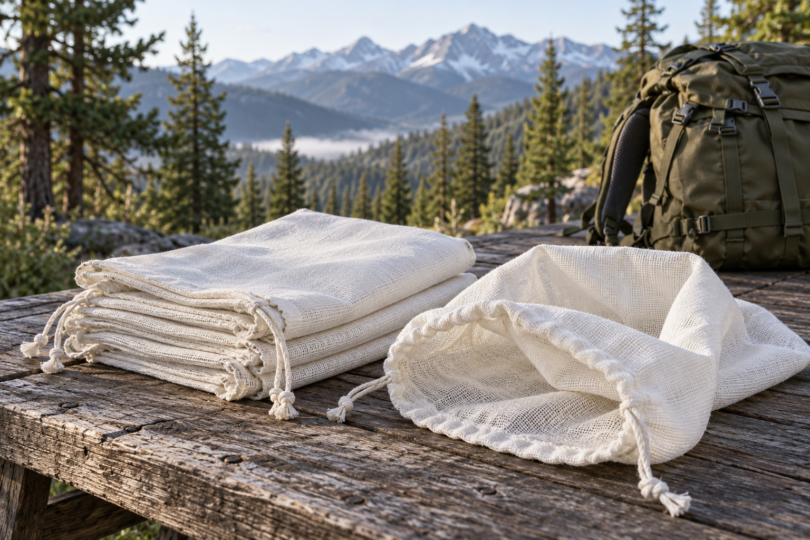 Empty woven drawstring bags on a camp table beside a backpack, with mountains in the background.