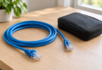 A coiled blue Ethernet cable with two unplugged connectors beside a closed black tool pouch on a wooden desk.
