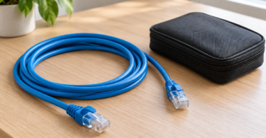 A coiled blue Ethernet cable with two unplugged connectors beside a closed black tool pouch on a wooden desk.