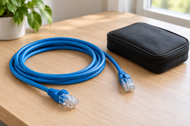 A coiled blue Ethernet cable with two unplugged connectors beside a closed black tool pouch on a wooden desk.