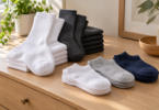 Stacks of white and charcoal crew socks beside folded white, gray and navy ankle socks on a wooden dresser.