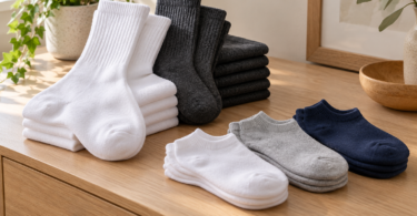 Stacks of white and charcoal crew socks beside folded white, gray and navy ankle socks on a wooden dresser.