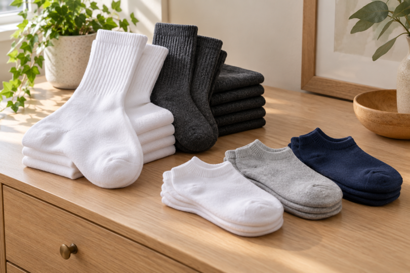 Stacks of white and charcoal crew socks beside folded white, gray and navy ankle socks on a wooden dresser.