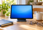 Generic tablet on a stable tabletop stand beside reading glasses and a notebook