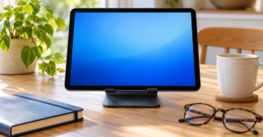 Generic tablet on a stable tabletop stand beside reading glasses and a notebook