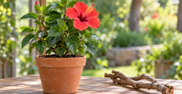 A potted hibiscus with a coral-red flower beside natural branches on a wooden bench.